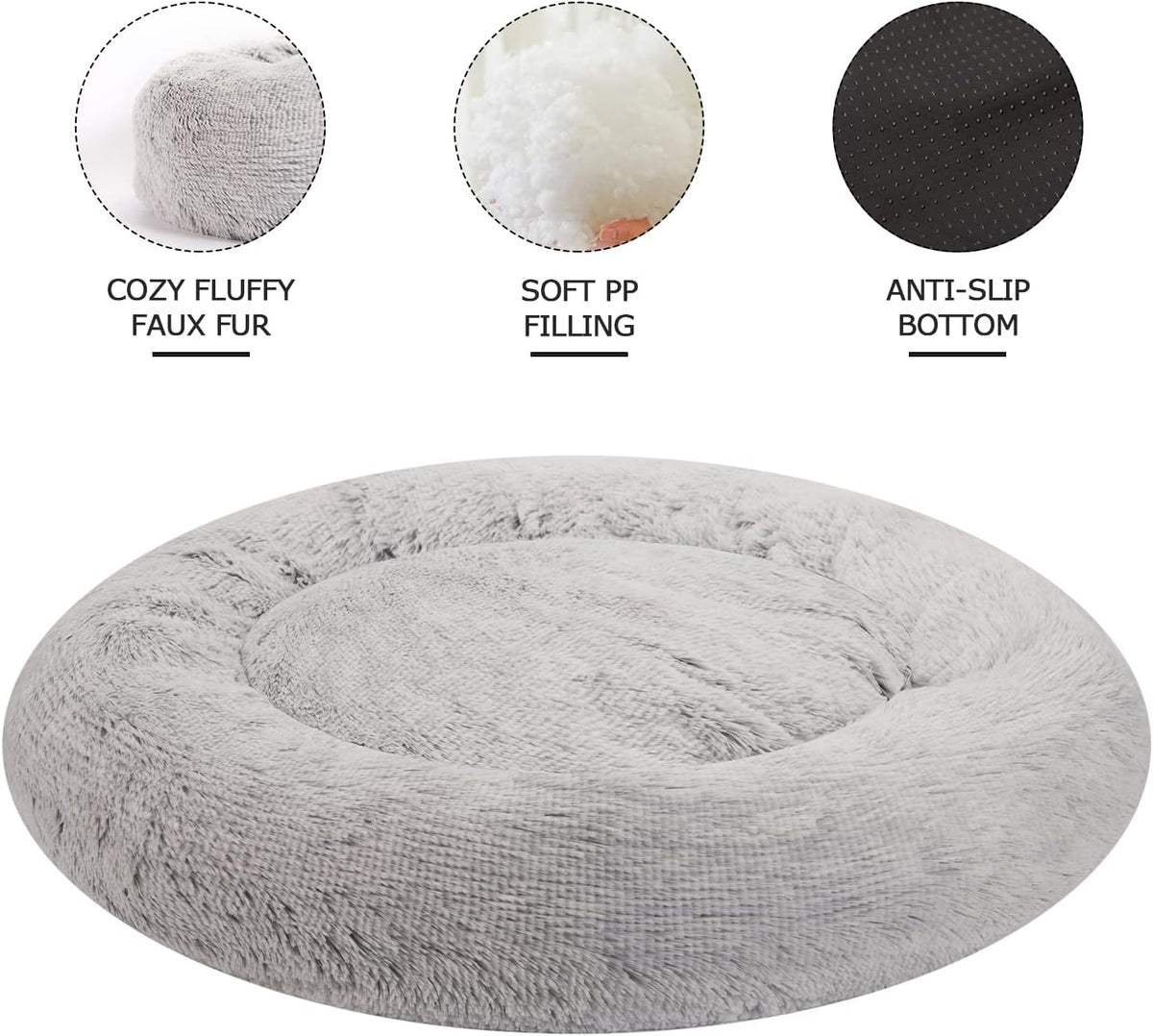 Bedfolks Calming Donut Dog Bed, 36 Inches Round Fluffy Dog Beds for Large Dogs, Anti-Anxiety Plush Dog Bed, Machine Washable Pet Bed (Light Grey, Large)