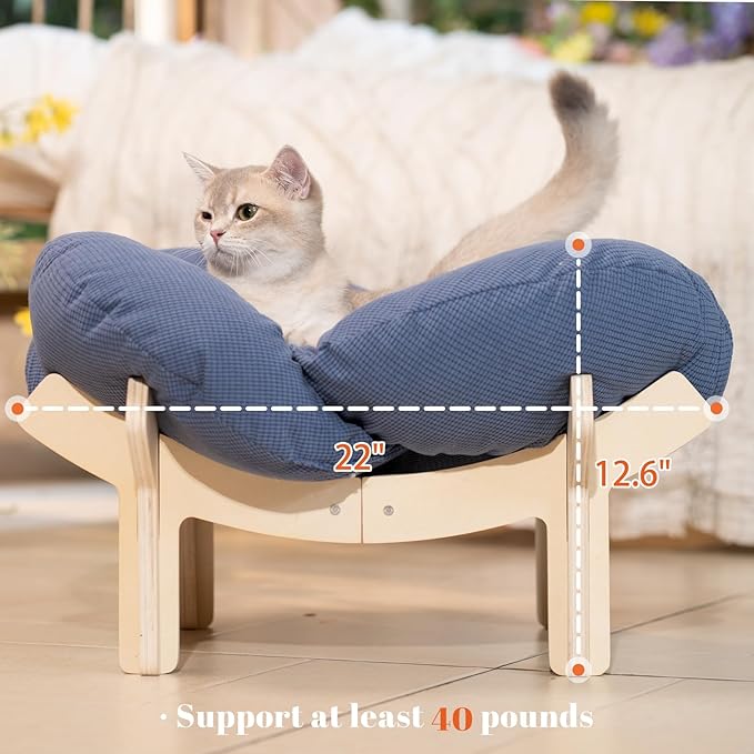 CHEERHOME PETS Elevated Cat Bed Wooden with Cushion Fluffy Pet Couch Sofa for Indoor Cats Raised Kitty Lounge Chair Suitable for Puppy, Cat Furniture(Deep Blue)