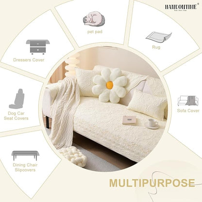 HANDONTIME Cotton Couch Cover for Dogs Breathable & Pet-Friendly Sofa Cover, Embroidery Dog Couch Cover Elegant Floral Quilted Slipcover, Non-Slip Washable Furniture Protector (Ivory, 35.4" x 94.5")