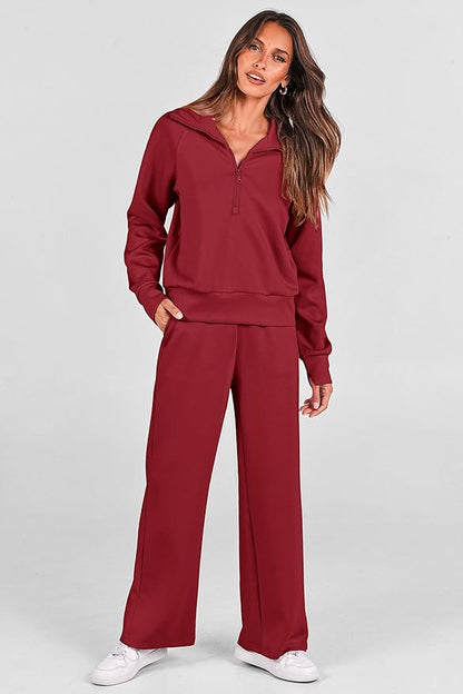 PRETTYGARDEN Women's 2 Piece Outfits Casual Lapel Half Zip Sweatshirts and Wide Leg Pants Tracksuit Sets