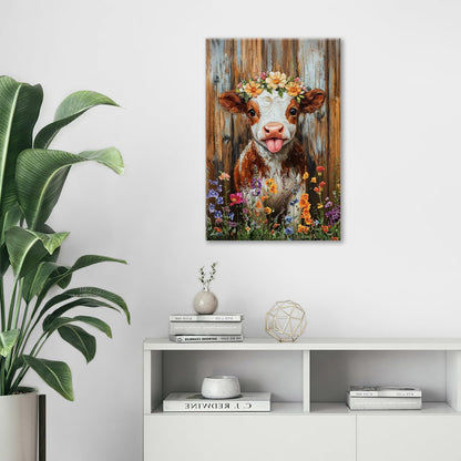 Funny Cow Bathroom Pictures Wall Art, Rustic Brown Cute Cow Bathroom Wall Decor, Farmhouse Floral Framed Painting Animal Flower Canvas Artwork for Bedroom Living Room Decorations 24"L x 16"W