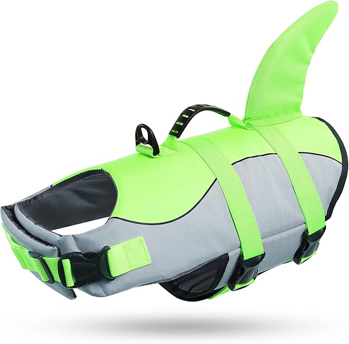 Dog Life Jacket Ripstop Shark Dog Safety Vest Adjustable Preserver with High Buoyancy and Durable Rescue Handle for Small,Medium,Large Dogs, Green Shark XX-Large