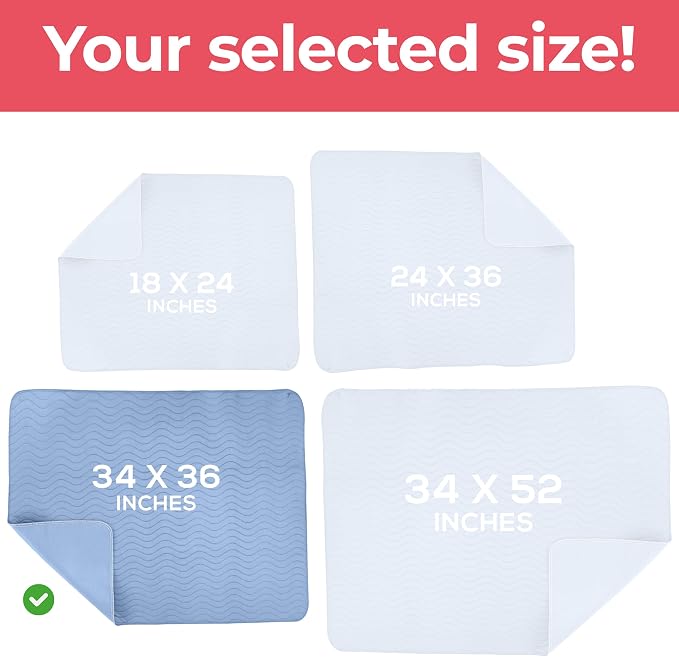 Utopia Bedding Washable Underpads 34" x 36" (Pack of 4), Waterproof Reusable Heavy Absorbency Incontinence Bed Pads for Adults, Kids, Elderly and Pets, Bedwetting Pads for Sofa and Couch (Blue)