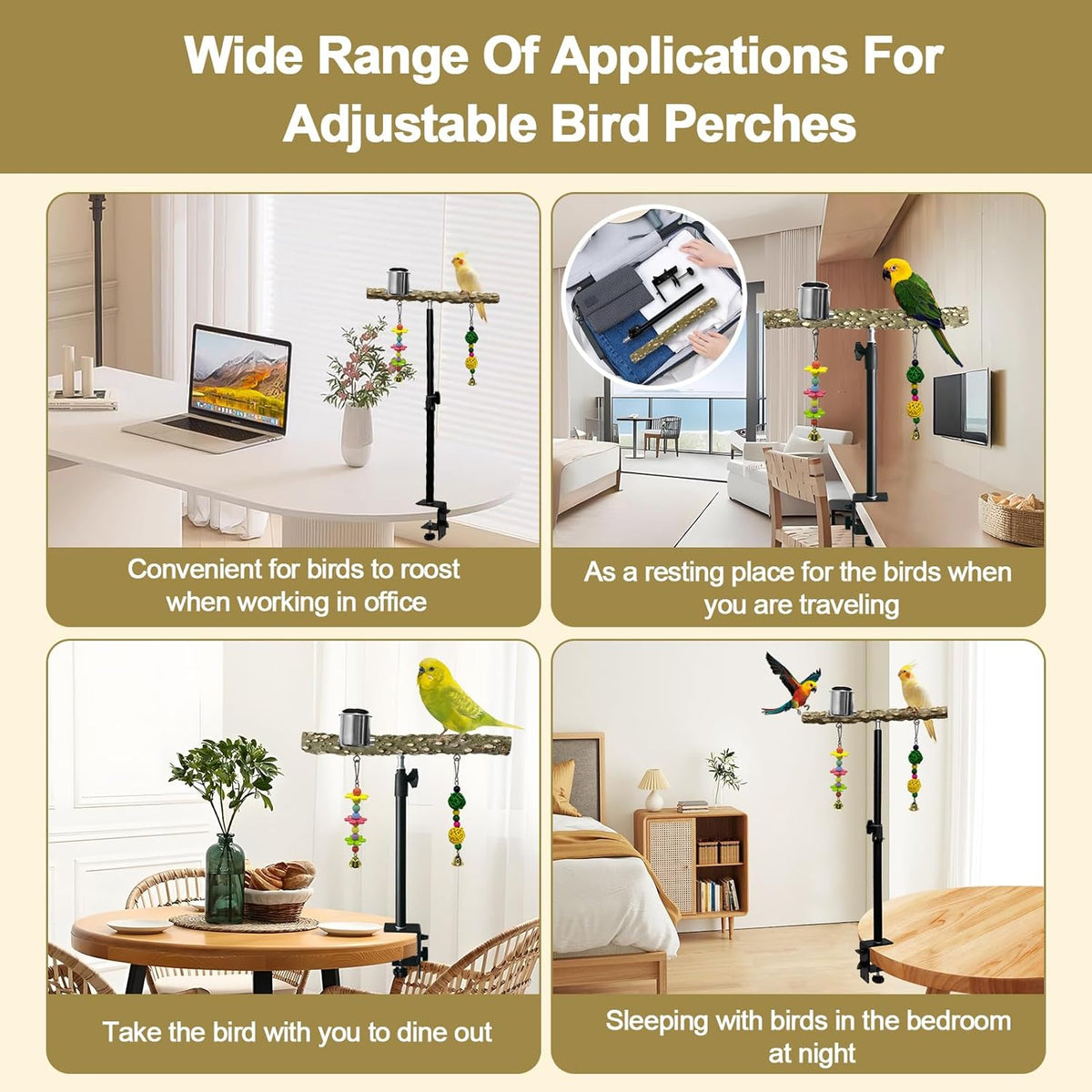 18-27 Inch Height Adjustable Bird Perch Pepper Wood Desktop Bird Training Perch Stand with Feeding Cups and Swing Toy Parakeet Perches Indoor and Outdoor Parrot Stand for Small to Medium Birds