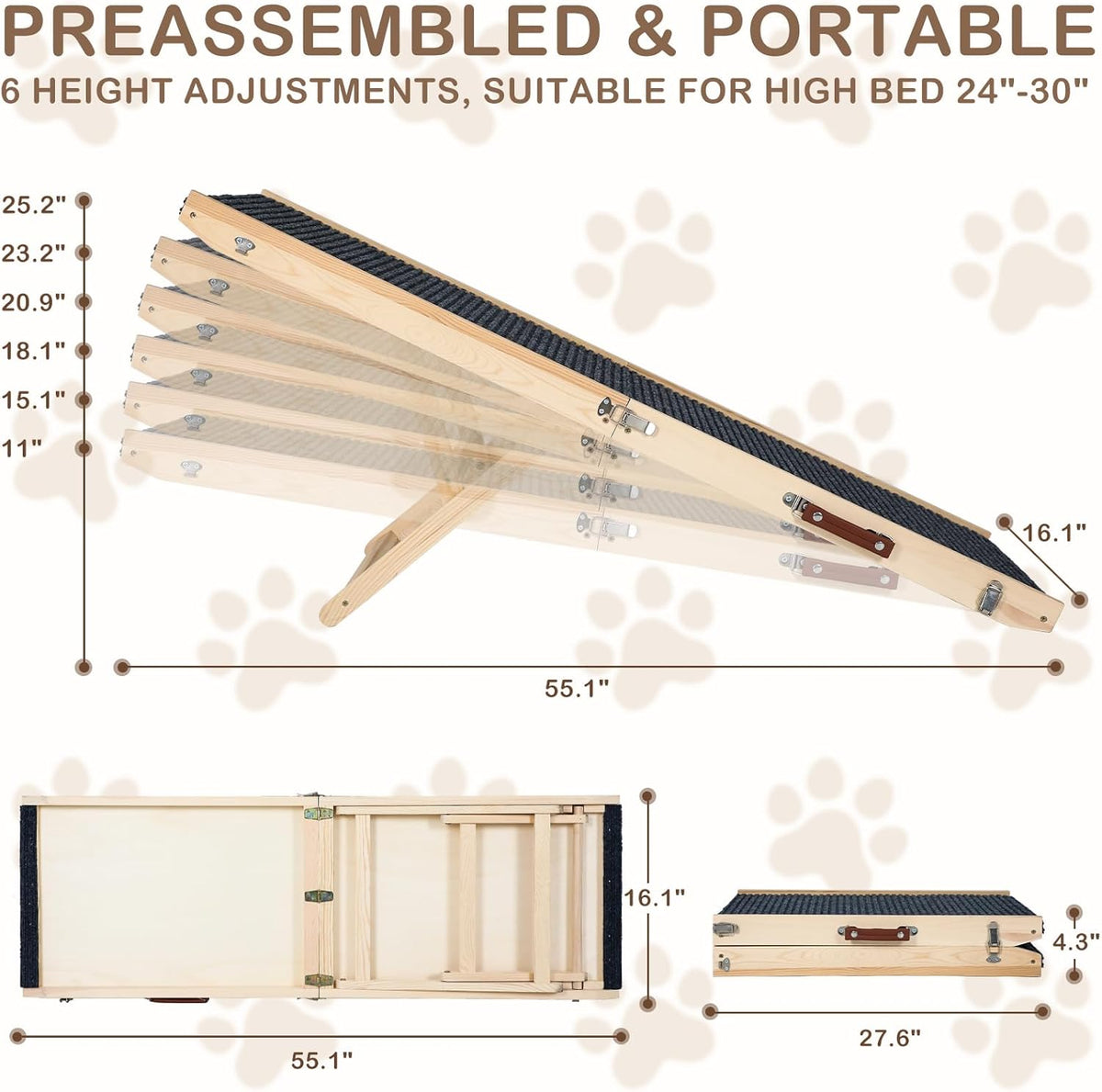 Folding Dog Ramp Safety, Wooden Adjustable Height Pet Ramps, Potable Dog Steps with Non-Slip Traction Mat, Dog Step for Bed, Dogs Stairs for SUV Car, Couch, Safe,Height Bed