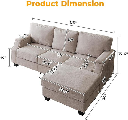 Rukefo 85" Sectional Sofa Couch with Storage Ottoman,L Shaped Couch with Armrest Organizer,3-Seater Sofa,Sofa and Chair Set,Couches for Living Room,Bedroom,Apartment,Chenille,Khaki