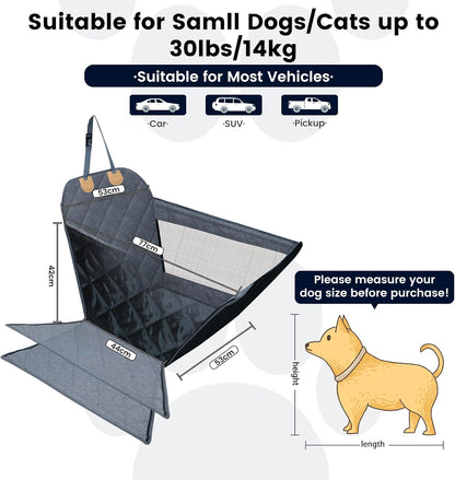 Dog Car Seat for Small/Medium Dogs with Door Protection – Full Coverage Pet Booster Seat with Mesh Window, Zippered Side Flaps, Safety Buckle, Grey Linen Fabric