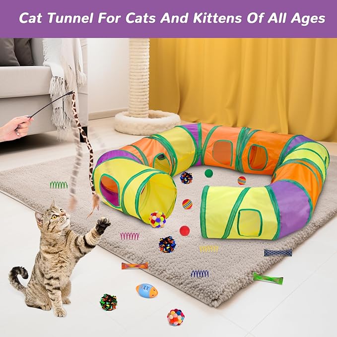 Retro Shaw Cat Toys with Cat Tunnels, Interactive Kitten Toys for Indoor Cats Kitty, Cat Tube Tent Feather Wand Teaser Bell Fuzzy Ball Springs Mouse (25 Pcs Extra Large Cats Tunnel Set)