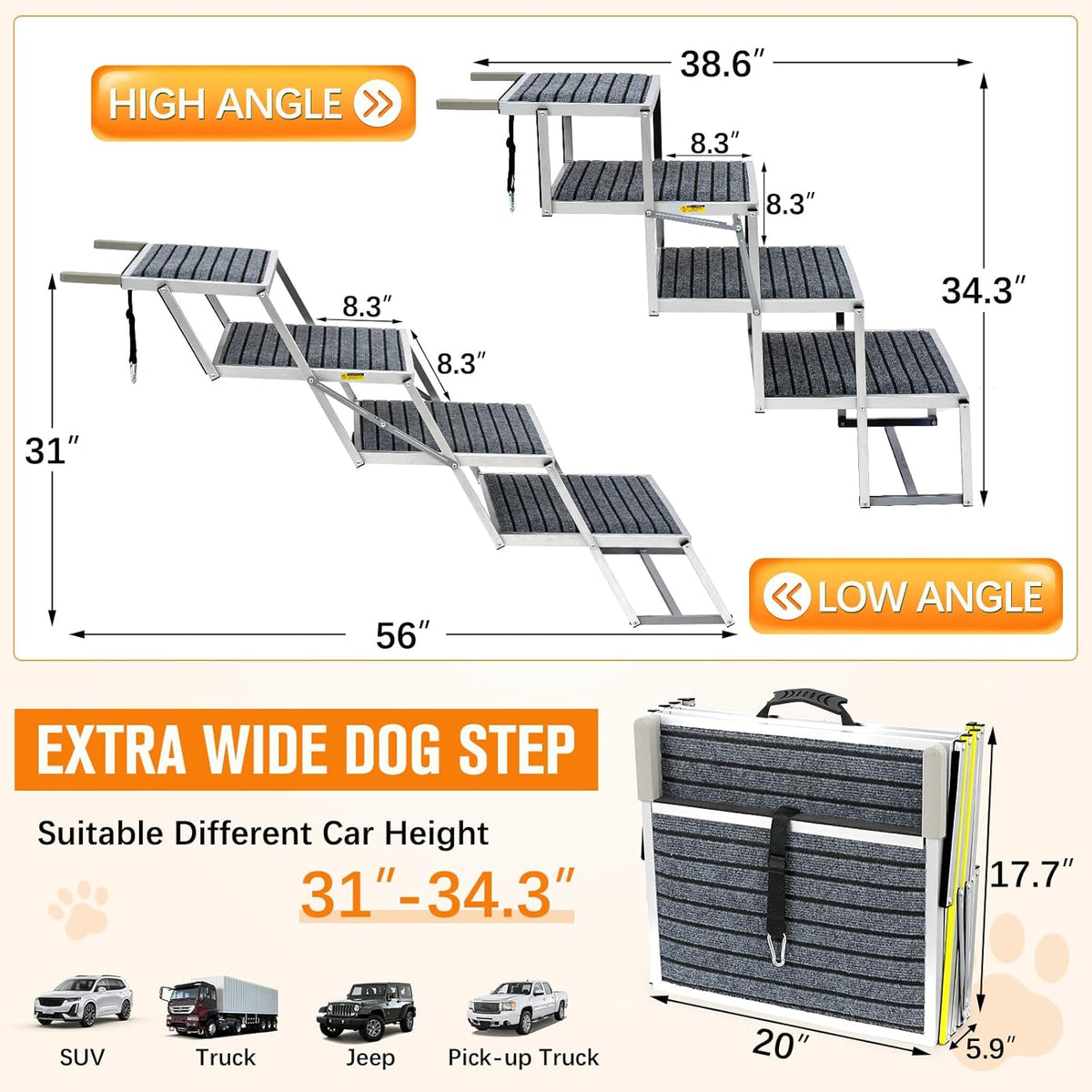 Reflective 20" Wide Dog Car Ramp, 4-Step Aluminum Stairs with Non-Slip Carpet - Foldable Design for Trucks/SUVs/Beds - Heavy Duty 200Lbs Capacity for Large Breeds
