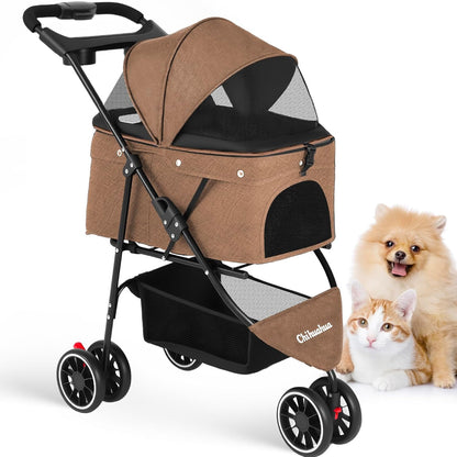 Pet Stroller,Dog Stroller for Small Medium Dogs Cats,3 Wheels,Foldable,with Breathable Mesh Canopy,Cup Holders,Easy Assembly,Deep Brown