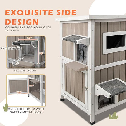 36.1" L Outdoor Cat House,2 Story Wooden Outdoor Cat Shelter with 3 Escape Doors,Weatherproof Fir Wood Feral Cat House with 2 Big Rest Rooms & Openable Asphalt Roof for 2-3 Cats
