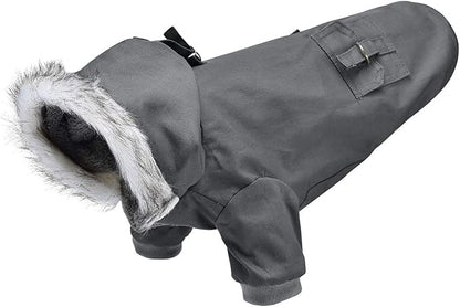 Warm Dog Hooded Trench Coat Windproof Parka Jacket for Cold Weather (L, Black Grey)