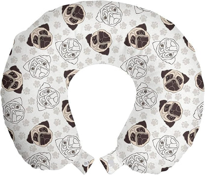 Ambesonne Dog Travel Pillow Neck Rest, Pug Portraits Traces Paw Print Background Canine Pet Illustration Mammal Animal, Memory Foam Traveling Accessory for Airplane and Car, 12", Beige Brown Tan