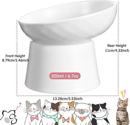 4 Pcs Ceramic Raised Cat Bowls, Elevated Tilted Cat Bowl for Food Water, Stress Free, Backflow Prevention, Dishwasher Microwave Safe, Feeder Dish for Indoor Kitten, Small Dogs(White and Pink)
