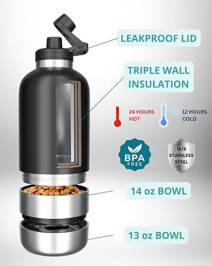 Dog Water Bottle, Insulated Dog Travel Water Bottle, Stainless Steel Pet Water Bottle Dispenser Portable Food and Water Bowl for Dogs with Carrying Case for Walking Dog Canteen Travel Kit