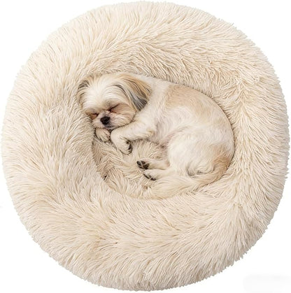 Calming Donut Dog Beds for Small Dogs Kitten - Washable Removable Cover Non-Slip Bottom, Round Pet Bed Puppy Bed Warming Fluffy Faux Fur Anti-Anxiety, Fits up to 15 lbs (Beige, 20")