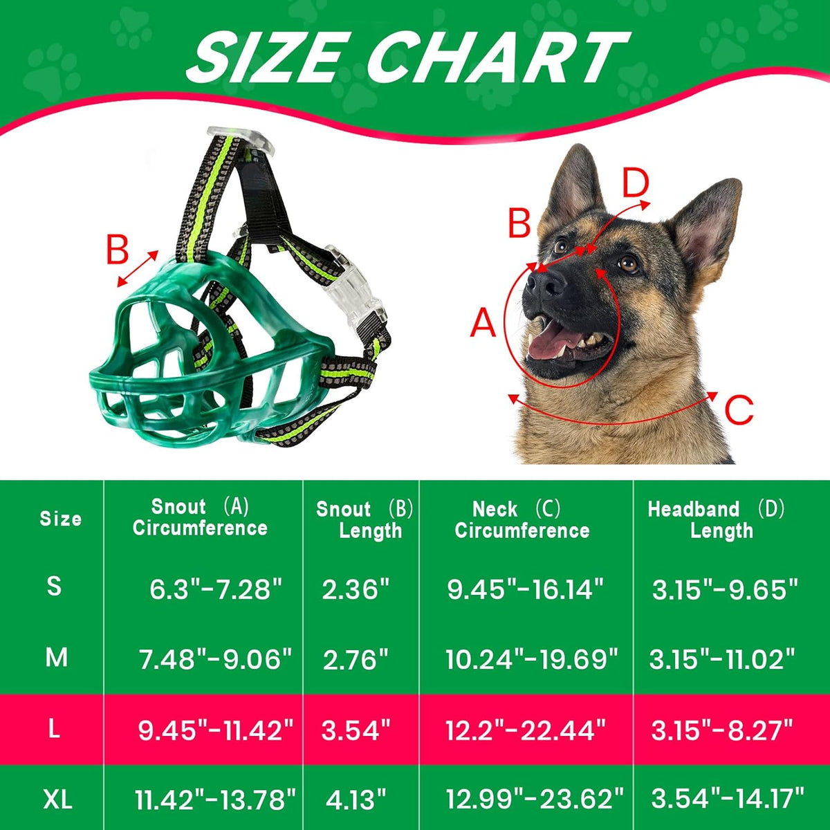 Dog Muzzle, Basket Muzzle for Small Medium Large Dogs, Anti-Biting and Chewing, Lightweight & Sturdy Cage Design, Allows Panting & Drinking, Ideal for Grooming & Training(Green Size L)