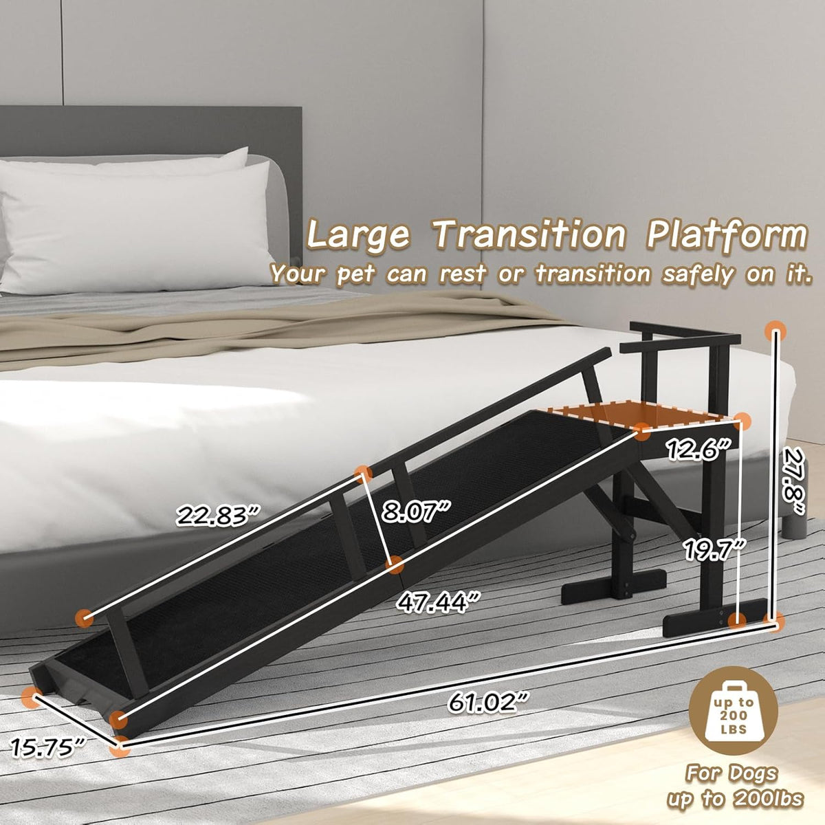 61" Dog Ramp for Bed, Pet Ramp with Removable Side Rail and Non-Slip Surface, Pet Ramp for Small & Large & Senior Dogs with Rest Platform and DIY Glow Strips,Dog Stairs for Couch,Black