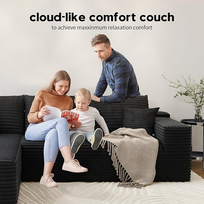 168.5" Modular Sectional Sofa, Oversized U-Shaped Minimalist Couches with 1 Middle Seat and 2 Ottomans Chaise, Modern Deep Seat Convertible Sleeper Sofa, Cloud Plush Corduroy Fabric,7 Seater, Black