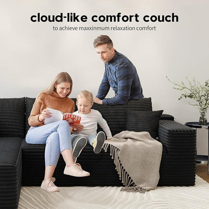 168.5" Modular Sectional Sofa, Oversized U-Shaped Minimalist Couches with 1 Middle Seat and 2 Ottomans Chaise, Modern Deep Seat Convertible Sleeper Sofa, Cloud Plush Corduroy Fabric,7 Seater, Black