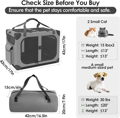 Extra Large 2-Cat Foldable Pet Travel Carrier,24"x17"x17",Gray | Removable Divider, Metal Frame Support, Breathable Mesh Panels, With Storage Tote & Padded Straps