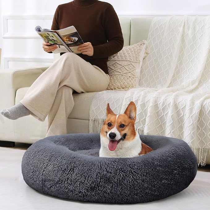 JOLLYVOGUE Dog & Cat Bed, Calming Anti-Anxiety Pet Bed for Small Dogs, Fluffy Donut Cushion for Small and Medium Pets (23")