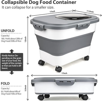 Dog Food Storage Container, 5-20Lbs Collapsible Pet Food Storage Containers with Rolling Wheel Airtight Locking Lid, Dry Food Storage Bin with Cup and Scoop,Suitable for Pet Food, Rice, Flour
