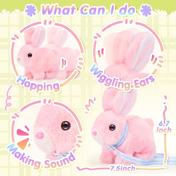 Tagitary Plush Toys Walking Bunny for Kids,Easter Stuffed Bunny with Sounds,Interactive Toys with Leash,Golden Egg,Wind Up Toy, Can Hop,Wiggle Ears,Twitch Nose,Ideal Easter Gifts for Toddlers