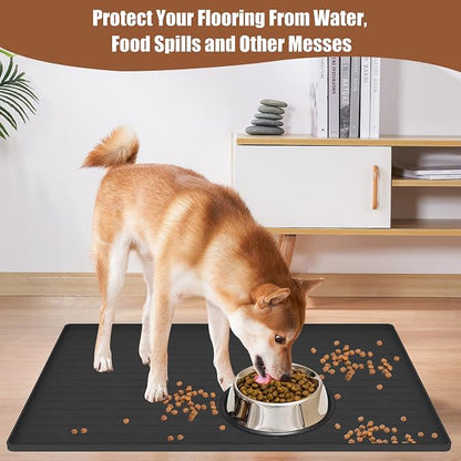24"x16" Large Dog Food Mat, Silicone Dog and Cat Mats for Food and Water Bowls, Waterproof Raised Edge Pet Feeding Mat for Contain Spills Protects Floors, Multiple Colors & Sizes for Pets, Brown