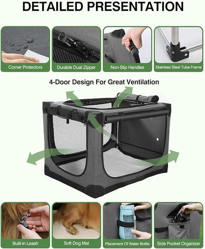 Veraste 42" Soft Collapsible Travel Dog Crate for Large Dogs,Grey | 4-Door Foldable Travel Crate,breathable mesh, foldable with storage bag