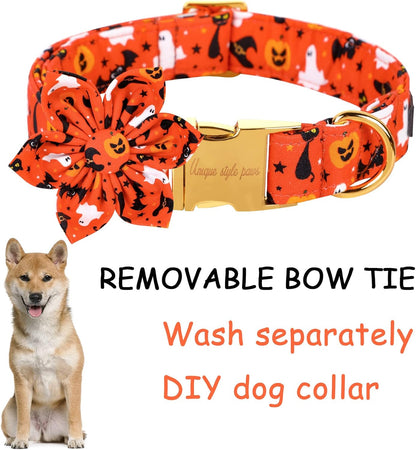 Unique style paws Halloween Dog Collar with Flower Tie Cotton Adjustable Puppy Collar for Small Medium Large Dogs-M