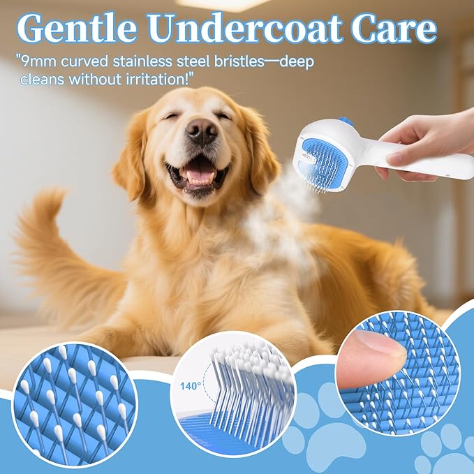 Pet Steam Brush for Dog & Cat - 3-in-1 Steam Grooming Brush for Shedding & Hair Removal - Self Cleaning Spray Comb with Mist for Long Haired Pets - Includes 2*Waterless Shampoo, Blue