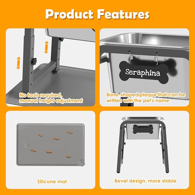 1.85 Gallon Elevated Large Dog Water Bowl with Mat, 4 Height Adjustable 12-17", Raised Dog Water Bowl Stand for Large Breed