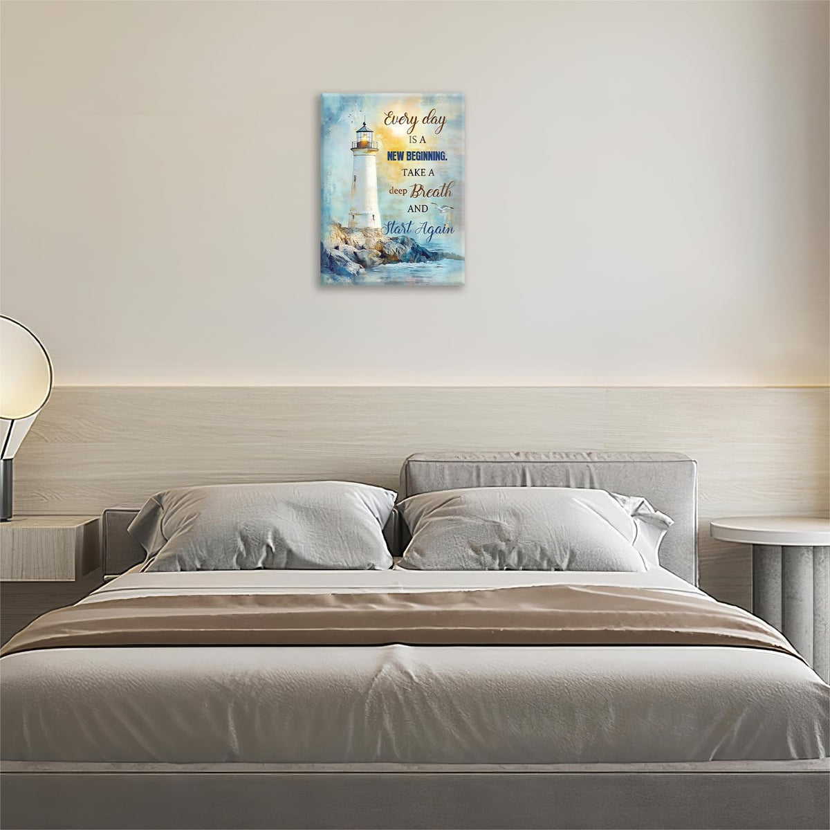 Ocean Lighthouse Pictures Wall Art, Coastal Nautical Bathroom Wall Decor Every Day is a New Beginning Motivational Quote Framed Painting Canvas Artwork for Bedroom Living Room Decorations 16"L x 12"W