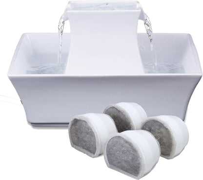 PetSafe Drinkwell Pagoda Fountain, 70 oz Ceramic, 4-Pk Filters Included | 2 Free-Falling Water Streams Encourage Hydration, Pet Water Fountain for Cats & Dogs, Includes 4 Carbon + 2 Foam Filters
