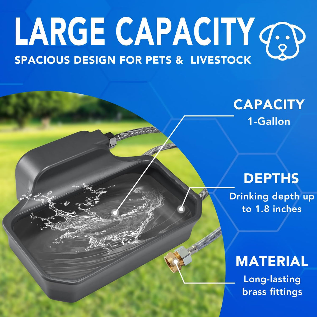 Automatic Water Dispenser for Dogs 1 Gallon, Large Dog Water Bowl Dispenser for Outdoor, Pet Water Bowl Feeder for Livestock, Dog Waterer for 3/4" Faucet, Easy to Install, Large Drinking Area, Gray