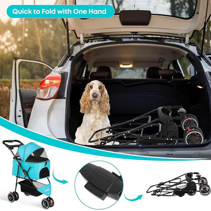 Pet Stroller,Dog Stroller for Small Medium Dogs Cats,3 Wheels,Mint Green | Foldable,with Breathable Mesh Canopy,Cup Holders,Easy Assembly