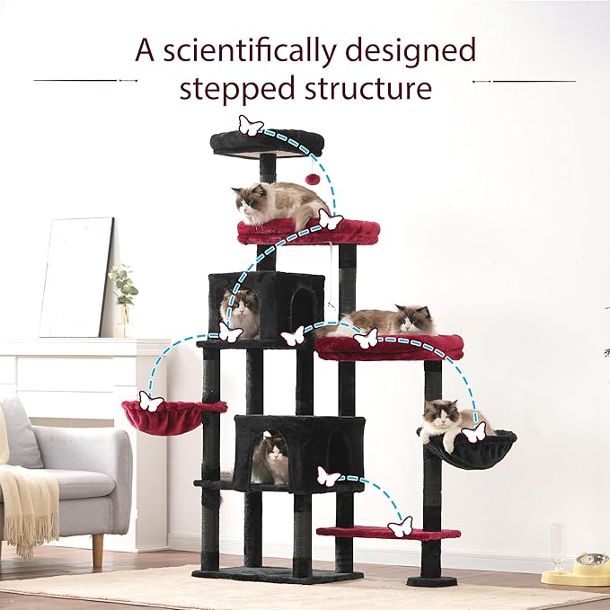 Hey-brother Cat Tree Tower, Scratching Posts with a Extended Part, Wide Platforms, Cozy Condos, Hammocks, Sisal Columns and Ball for Indoor Cats, 70.1 Inches, Black and Red MPJ038BR
