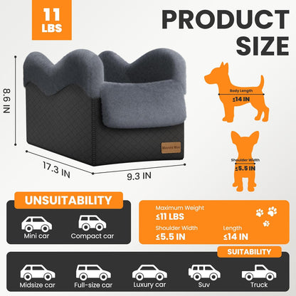 Portable Small Dog Seat for Car(Up to 11LB),Luxury Center Console Dog Car Seat Booster with Safety Tethers,Auti-Collapse Pet Travel Carrier for SUV,Truck.(Black/Grey)