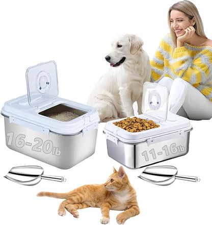 Sanbo Pet Food Storage Container 10L & 7.5L | Stainless Steel Airtight Bin with Scoop & Time Dial | Dog/Cat Food Keeper 2-Pack Sliver