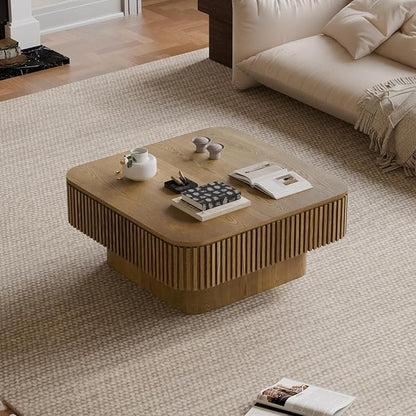SZTHHDF Square Coffee Table for Living Room,Fluted Drum Accent Tea Center Table with Storage,Solid Wood Modern Coffee Tables for Small Space Office Apartment (31.5" L×31.5''W×14''H-Brown)