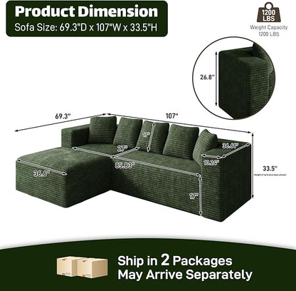 Modular Sectional Sofa, 107" L Shaped Cloud Couch Plush Corduroy Deep Seat Boneless Sofas with 5 Pillows Long Chaise Lounge Couches Memory Foam for Living Room - Green, Left Facing Chaise