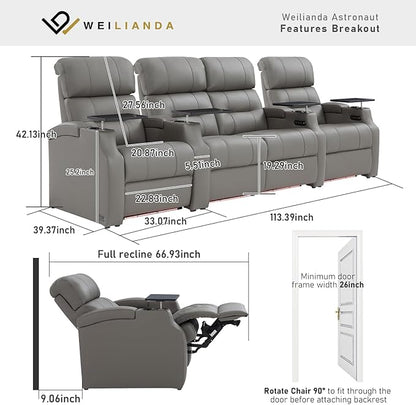 Weilianda Home Theater Seating, Top Grain Leather Sectional Seats Recliner Chair, Zero Gravity Reclining Sofa with Power Headrest 7 Colors Ambient Lighting USB C Charge Row of 4 Loveseat Middle Grey