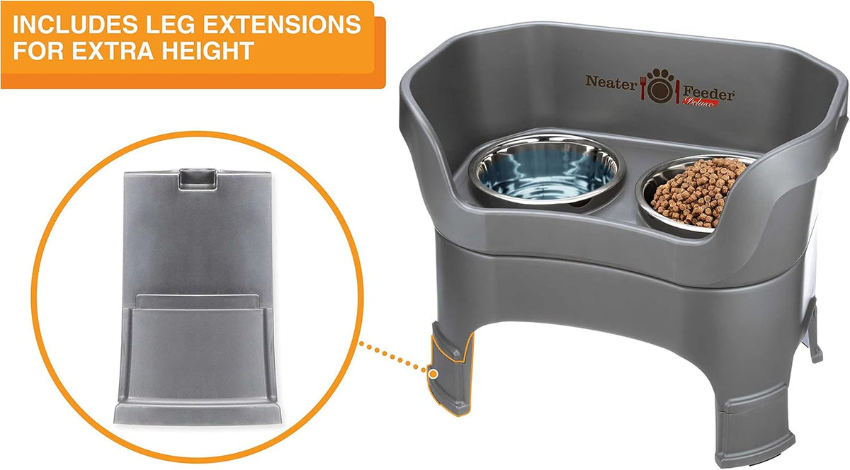 Neater Feeder Deluxe Mess Proof Dog Bowls Elevated for Large Breeds – Made in USA – No Spill Raised Slow Feeder Elevated Dog Bowl Stand w/Leg Extensions, Food and Water Bowl Set, Grey