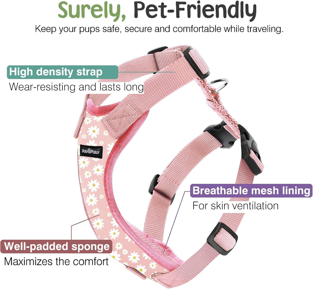 Dog Seat Belt, Safety Vest Dog Car Harness with Adjustable Buckle Dog Seat Belt for Vehicle Nylon Pet Safety Seat Belts Heavy Duty(XL, Pink Daisy)