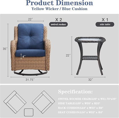 Belord Outdoor Swivel Rocker Patio Chairs - 360 Degree Swivel Glider Seating 350LBS Weight Capacity 3 Piece Wicker Rocking Chairs Set with Side Table for Porch Balcony Deck, Yellow/Blue