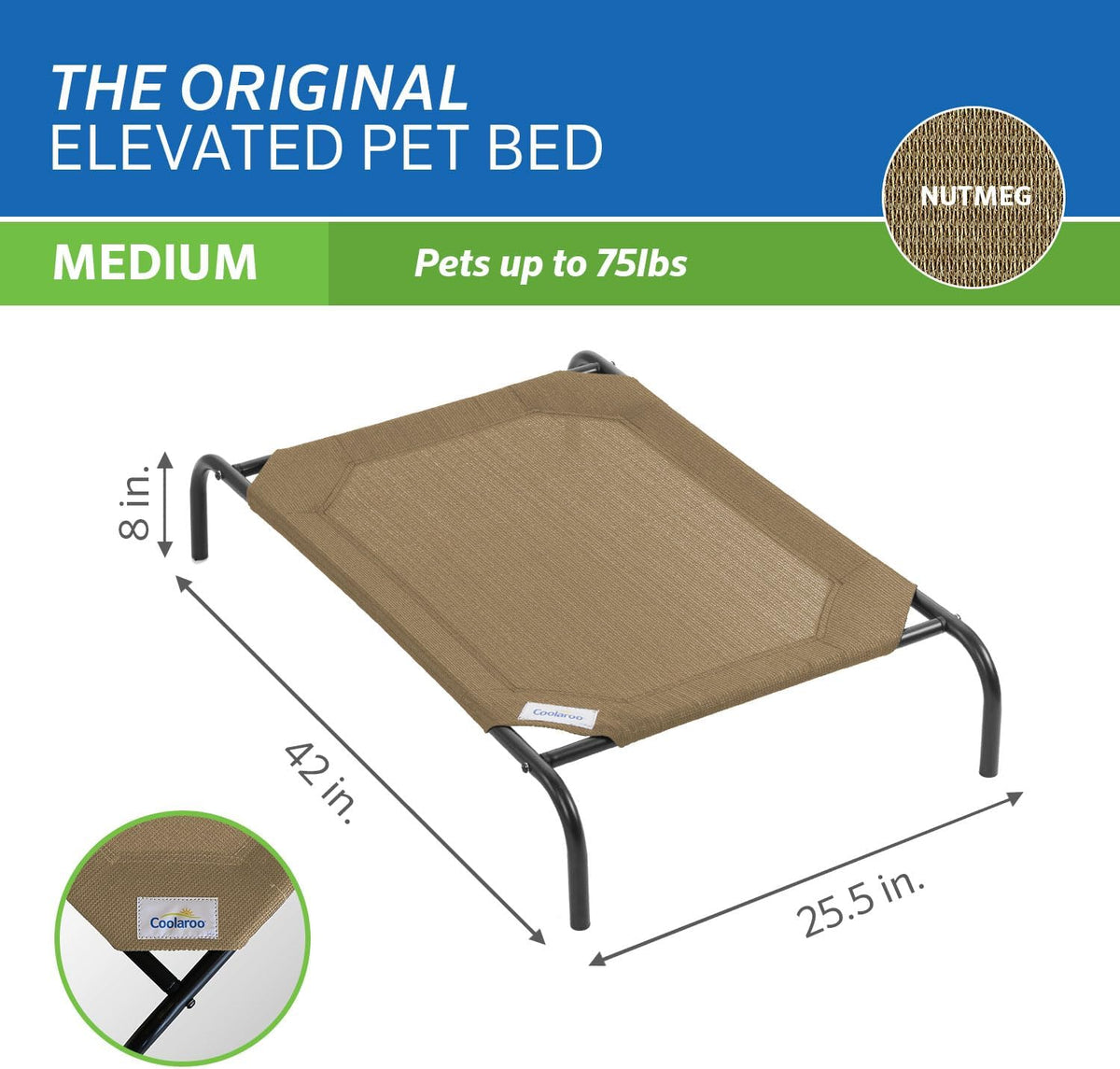 Coolaroo Original Elevated Dog Bed - Breathable Off-The-Ground Pet Bed with Cooling Fabric, Joint Relief & Moisture-Resistant Fabric, 100% Recyclable, Easy Clean, Nutmeg, Medium