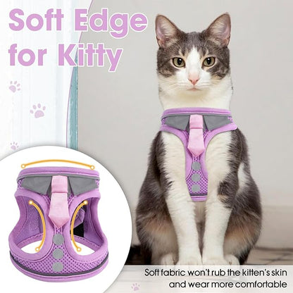 Cat Harness and Leash Set for Walking Escape Proof, Soft Adjustable Kitten Harness Breathable Mesh with Reflective Strips Harness for Kitty Puppy Bunny(Purple,S)