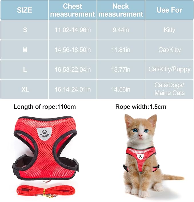 shudyear Summer cat Chest Harness and Leash, Anti-Escape Adjustable Soft mesh cat Leash and Chest Harness Set for All Types of Cats cat Vests(Size XL,Red)