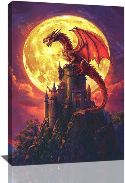Dragon Bathroom Pictures Wall Art, Red Dragon Castle Bathroom Wall Decor, Framed Painting Canvas Artwork for Bedroom Living Room Decorations 24"L x 16"W